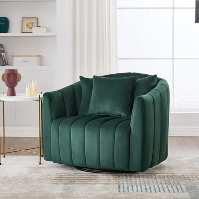 40.35'W Upholstered Oversized 360° Swivel Accent Barrel Chair and Half Cozy Sofa with 3 Pillows, Velvet Channel Tufted Pumpkin-Shape Club Armchair for Living Room, Bedroom, Office, Lounge, Green