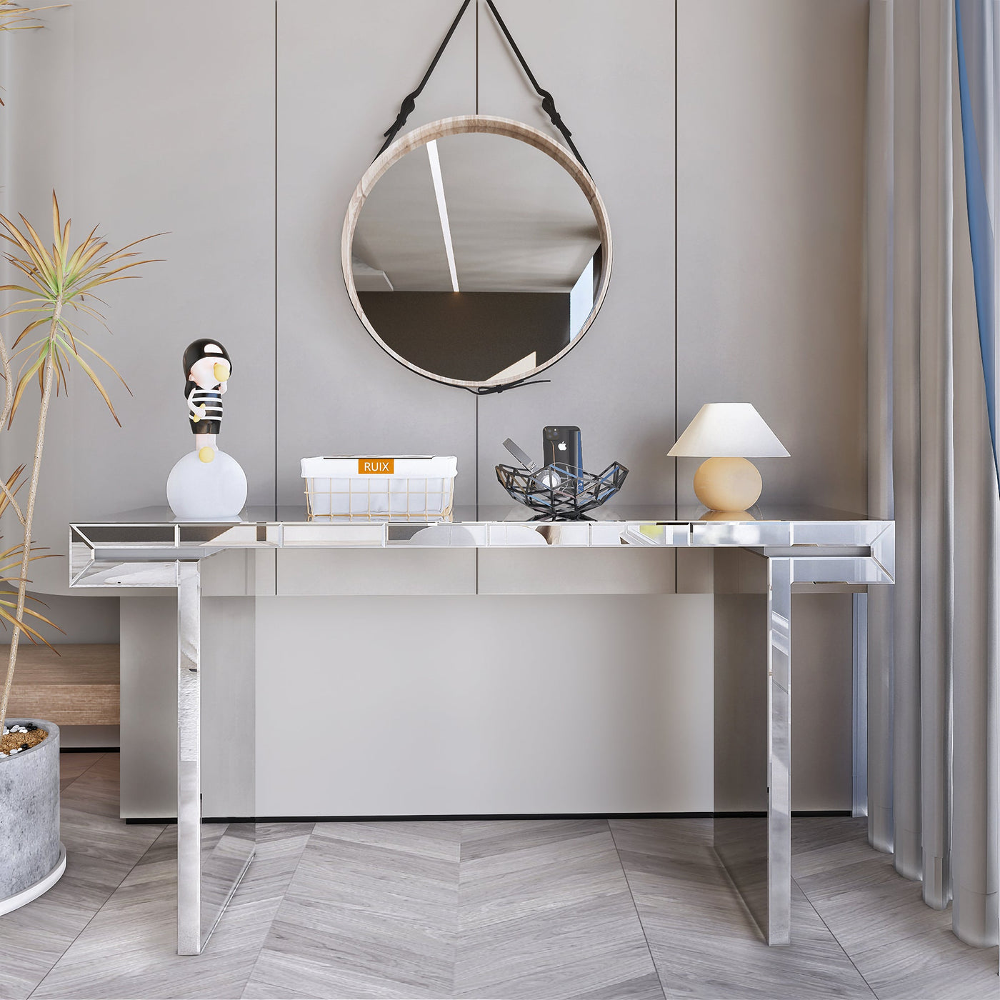 60 Inches Luxury Full-Length Mirror Console Table with Fluted Tempered Glass, Entryway Mirrored Sofa Table, Light Luxury Style, Scratch-Resistant, Reinforced Packaging