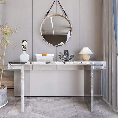 60 Inches Luxury Full-Length Mirror Console Table with Fluted Tempered Glass, Entryway Mirrored Sofa Table, Light Luxury Style, Scratch-Resistant, Reinforced Packaging