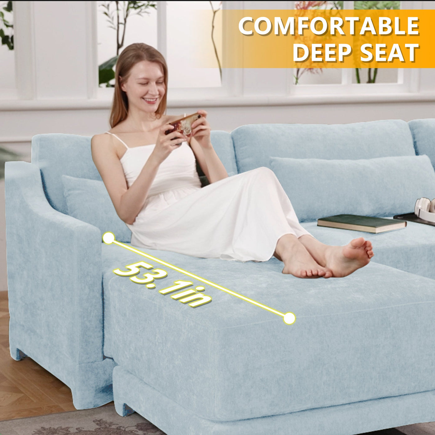 Elegant Two-Seater Sofa with Ottoman and Lumbar Pillows, Sky Blue Chenille, High-Quality Wood