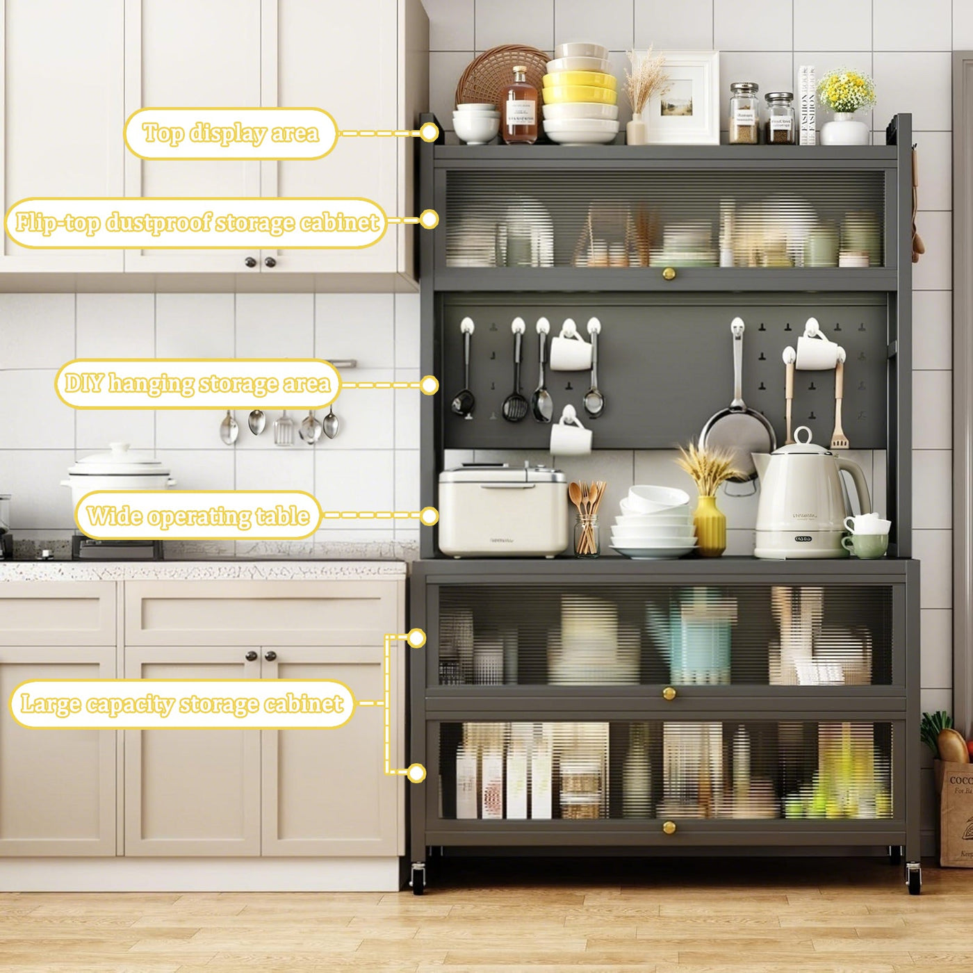64' Kitchen Pantry Storage Cabinet, 5 Tier Metal Storage Cabinet with Wheels, Transparent Flap Door &  DIY Hole Board , Kitchen Storage Bakers Rack, for Kitchen, Living Room and Dining Room, Gray