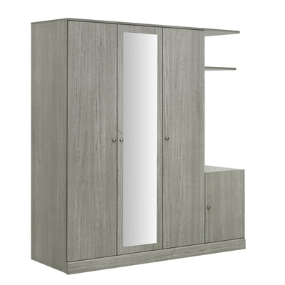 4-Door Wardrobe with Shelves, Drawers, and Full-Length Mirror, Gray