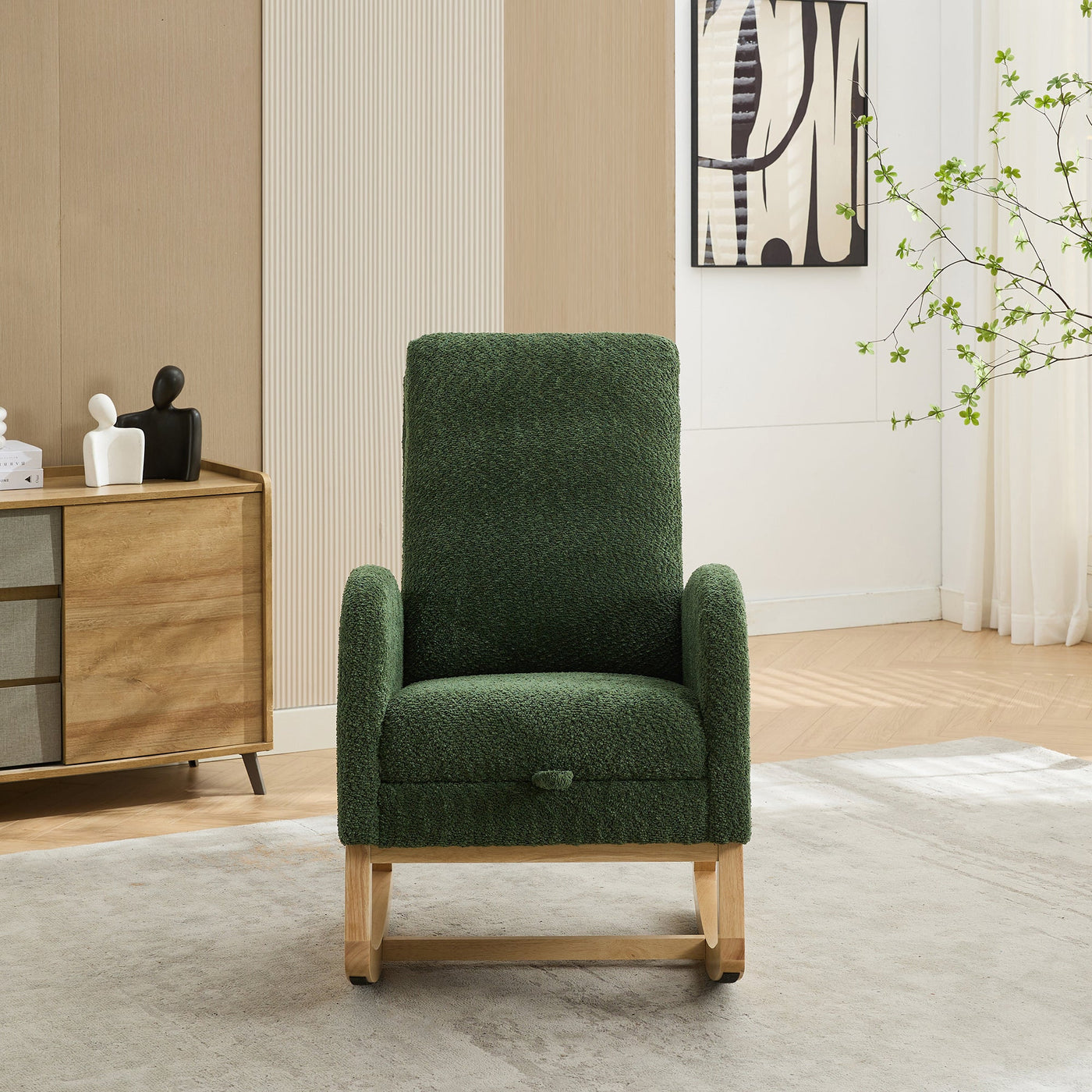 25.4'W Green Boucle High Back Glider Rocking Chair with Retractable Footrest and Rubber Wood Legs for Nursery and Living Room