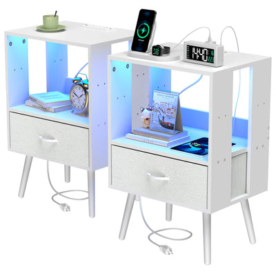 2 Pack Modern Nightstand with Charging Station, Bedside Tables with LED Light and Fabric Drawers