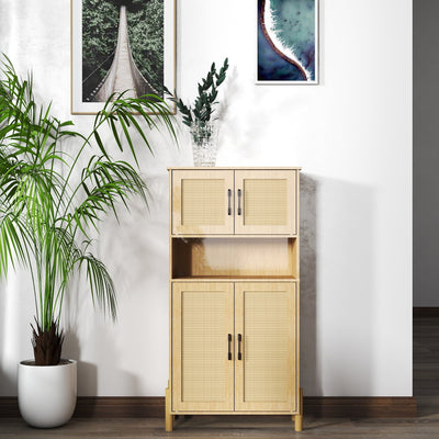 Mid-Century Modern 4-Door Storage Cabinet with Woven Rattan Doors & Adjustable Shelves - Perfect for Living Room & Dining Room