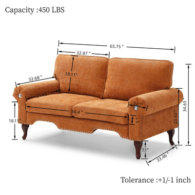66-Inch Modern Linen Loveseat Sofa with Wooden Legs & Crystal button and Copper Nail, Tufted Backrest, Perfect for Living Room, Bedroom, or Office (Orange)