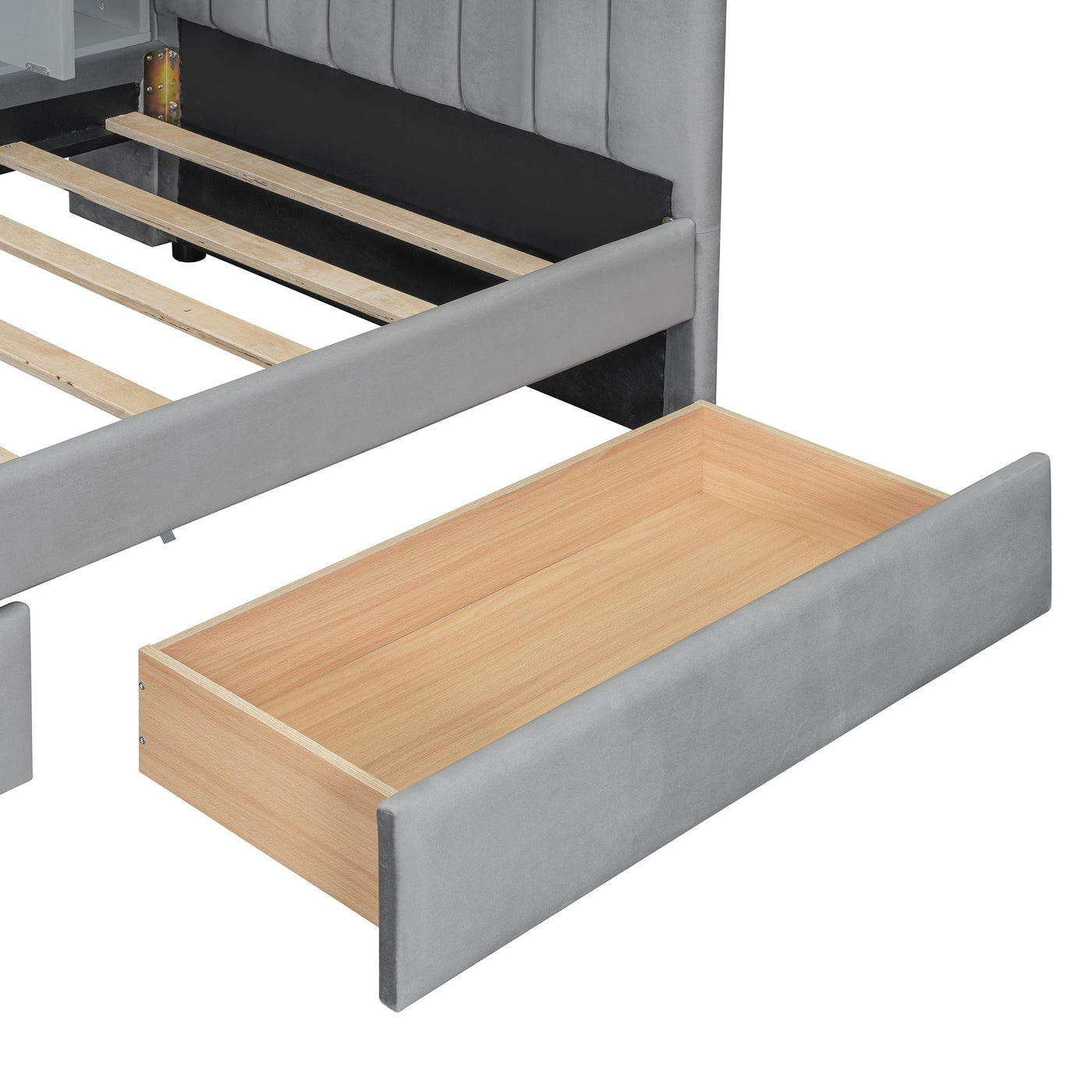 Twin Size Upholstered Daybed with Drawers, Shelves, Flip Cabinets & Side Table (Gray)