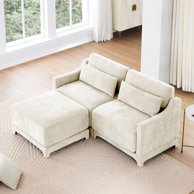 Elegant Two-Seater Sofa with Ottoman, Lumbar Pillows, Ergonomic Design, Beige Chenille, Wood Frame