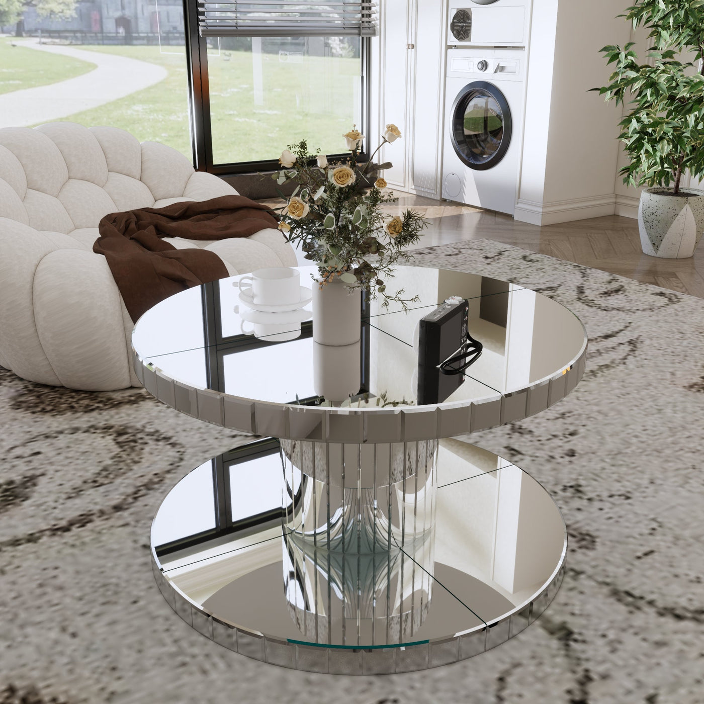 Luxury Double-Tier Round Mirror Coffee & End Table with Fluted Glass - Modern Sofa Side Table, Silver, MDF+Glass, 31.5' Diameter