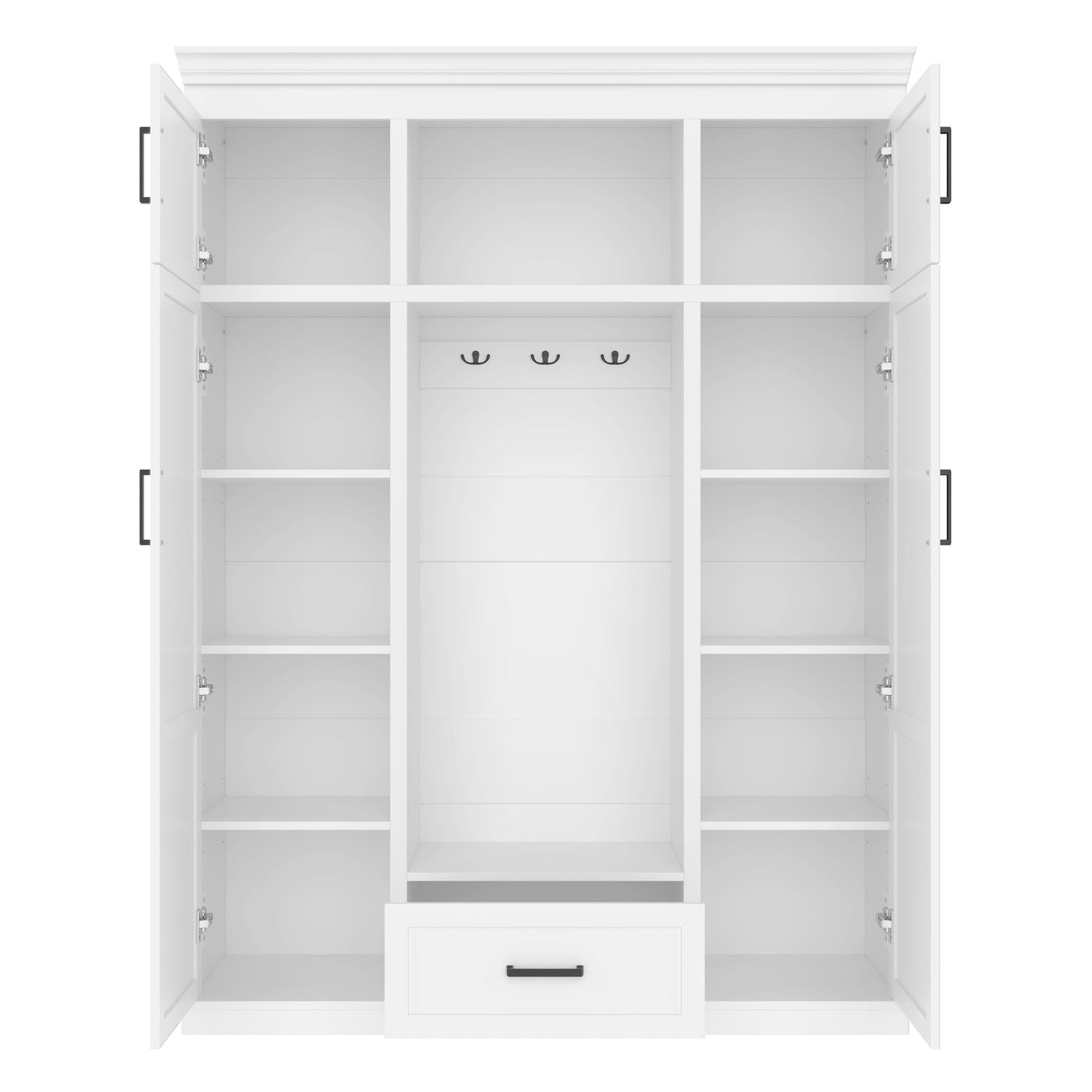 U-Can 85.2''H Hall Tree with Bench and 3 Hooks, Modern Entryway Storage Organizer Cabinet with 4 Doors, 1 Drawer and Adjustable Shelves for Hallway, Entryway, Living Room