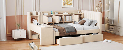 Twin Size Upholstered Daybed with Drawers, Shelves, Flip Cabinets & Side Table (Beige)