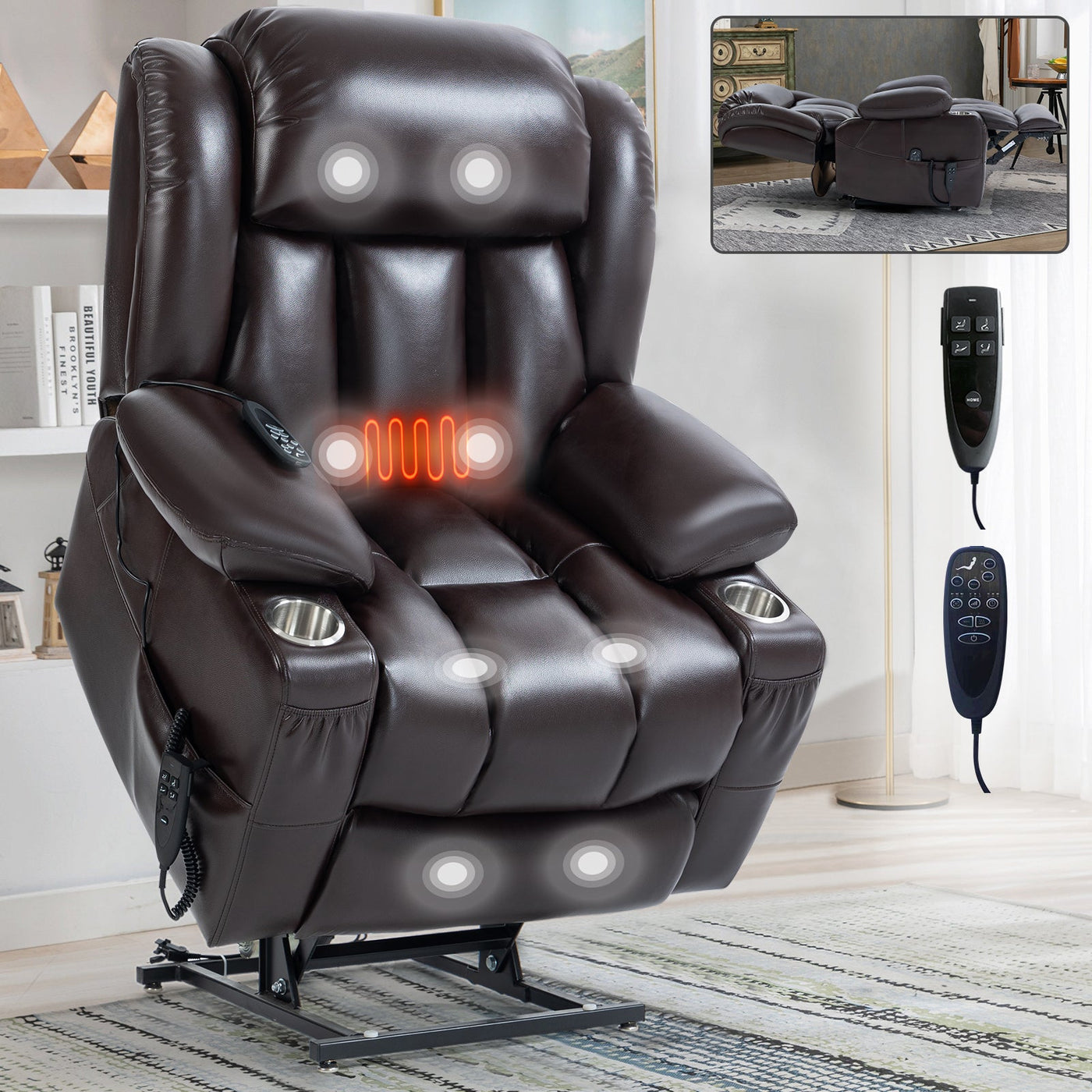 Dual Motor Infinite Position Up to 350 LBS Leatherair Power Lift Recliner Chair, Heavy Duty Motion Mechanism with 8-Point Vibration Massage and Lumbar Heating, Stainless steel Cup Holders, Brown