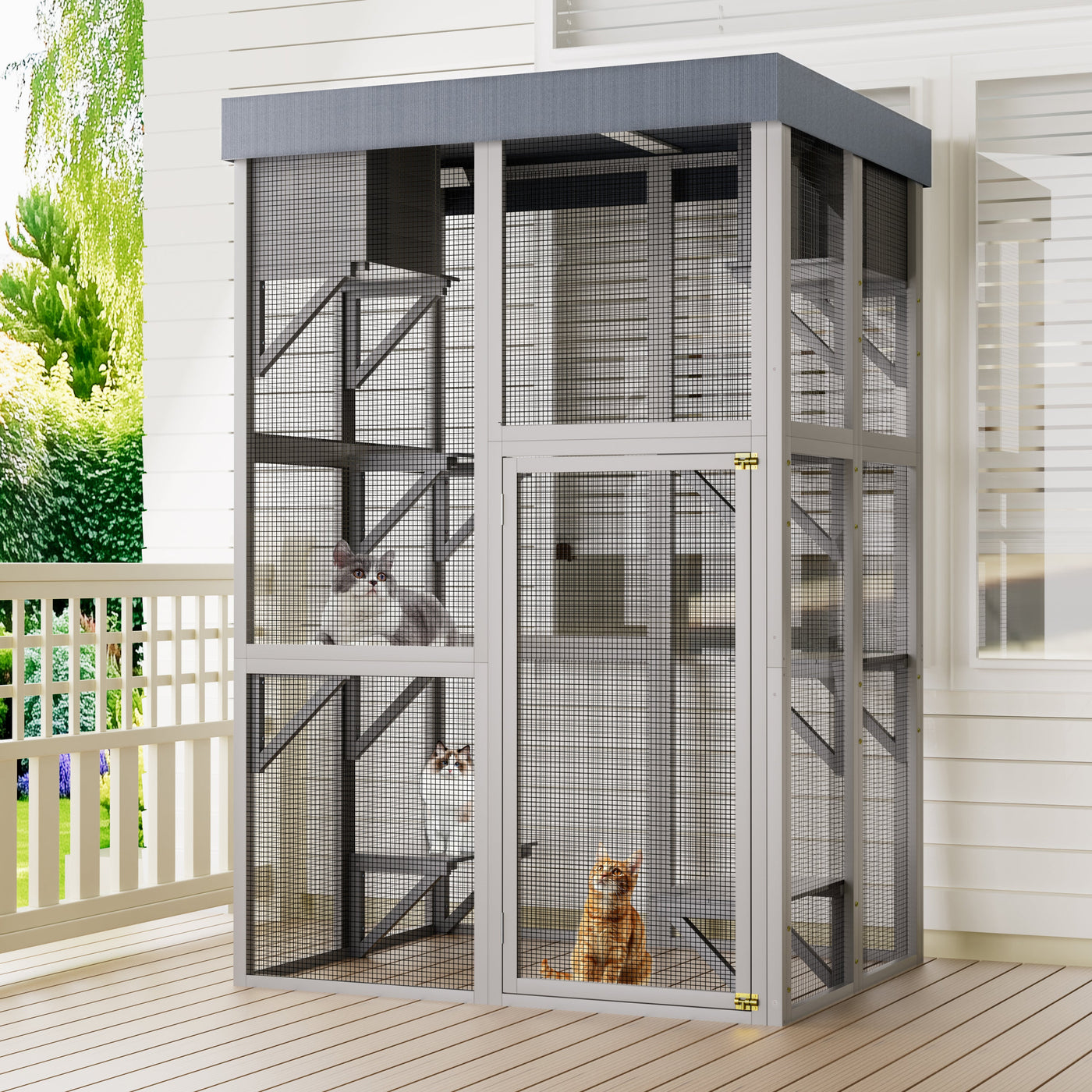 70.5＂ Tall Wooden Catio Outdoor Cat Enclosure, Gray Cat House Large Solid Wood Cage Playpen with 6 Jumping Platforms & 2 Napping Houses, Movable tarp cover