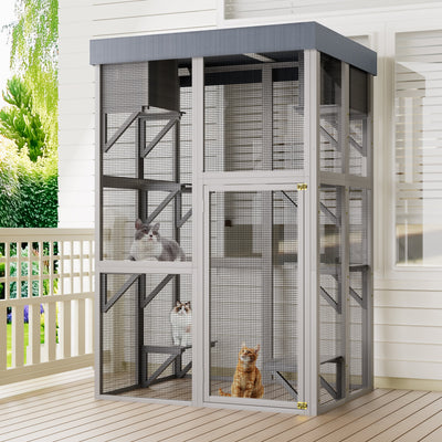 70.5＂ Tall Wooden Catio Outdoor Cat Enclosure, Gray Cat House Large Solid Wood Cage Playpen with 6 Jumping Platforms & 2 Napping Houses, Movable tarp cover