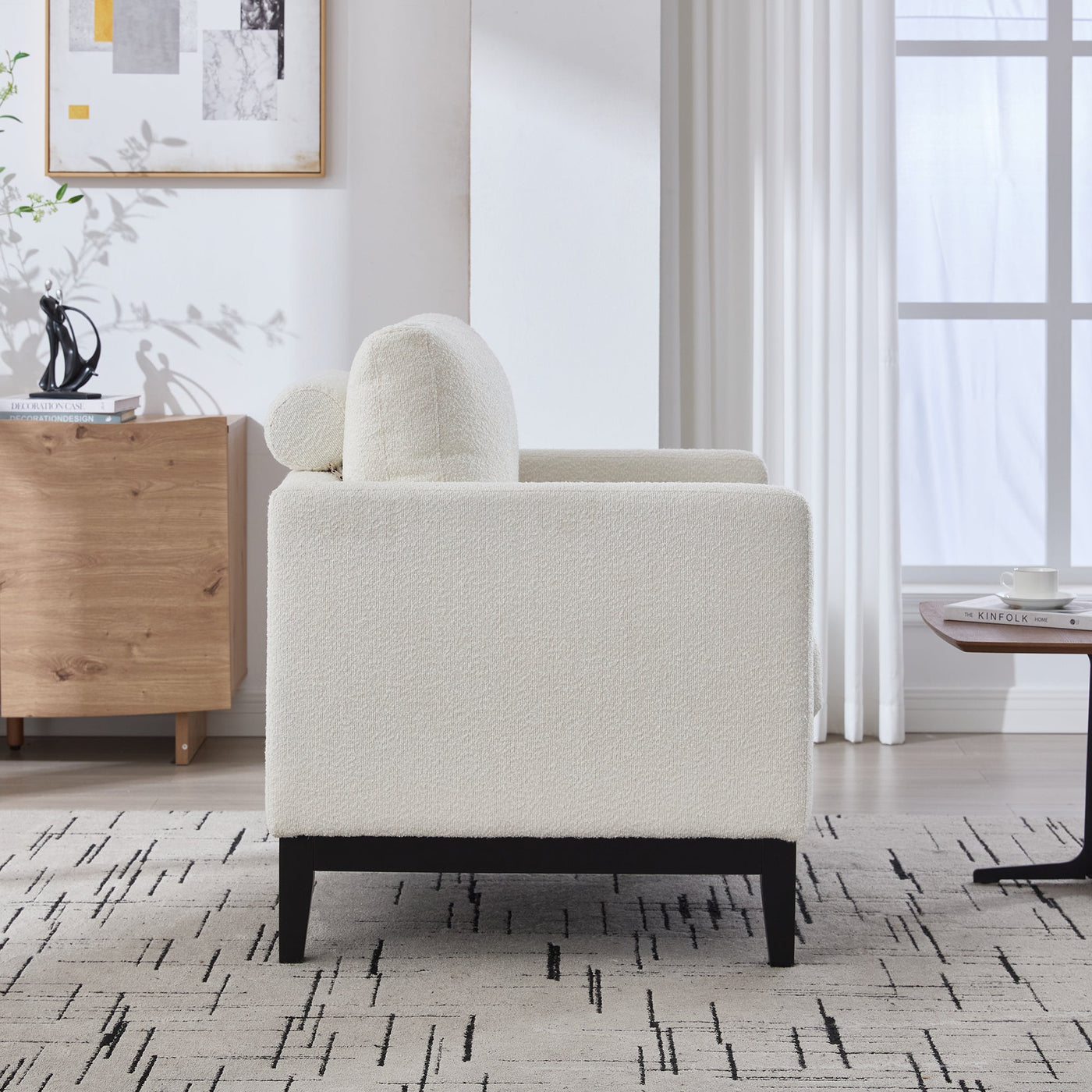 35.4' Wide Modern Farmhouse Performance Accent Chair with Black Finish Legs, Wood Base Reading Armchair Single Sofa with Two Bolster Pillows for Living Room Offices and Lounge, Ivory Boucle.