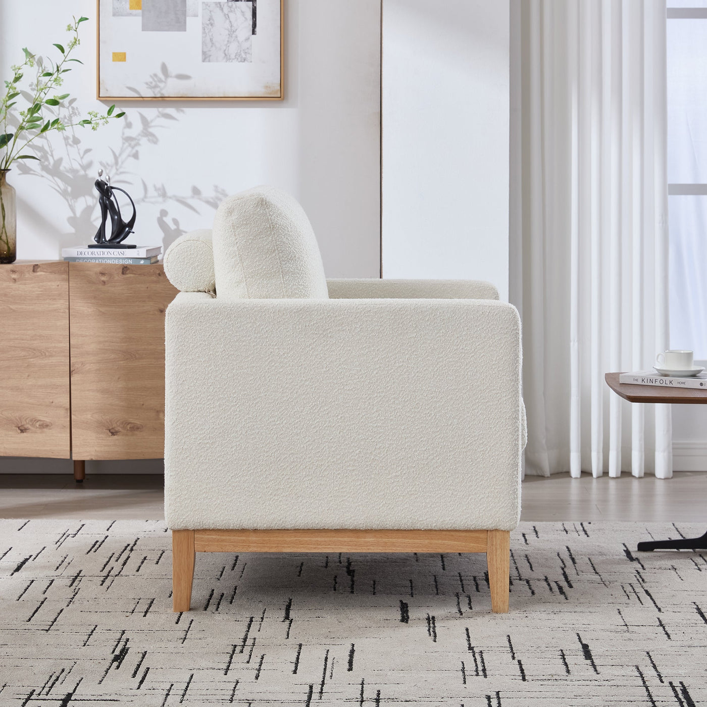 35.4' Wide Modern Farmhouse Performance Accent Chair with Natural Wood Legs, Wood Base Reading Armchair Single Sofa with Two Bolster Pillows for Living Room Offices and Lounge, Ivory Boucle.