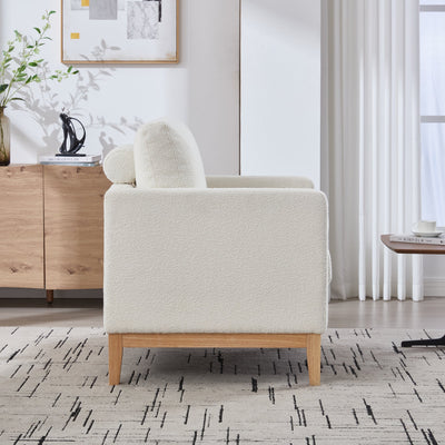 35.4' Wide Modern Farmhouse Performance Accent Chair with Natural Wood Legs, Wood Base Reading Armchair Single Sofa with Two Bolster Pillows for Living Room Offices and Lounge, Ivory Boucle.