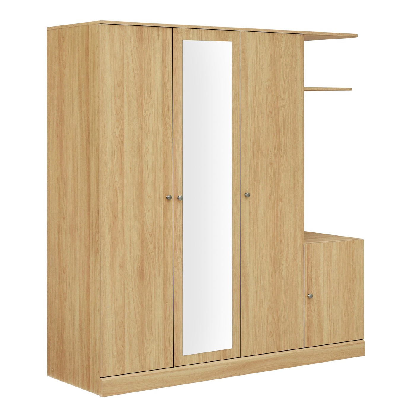 4-Door Wardrobe with Shelves, Drawers, and Full-Length Mirror, Natural