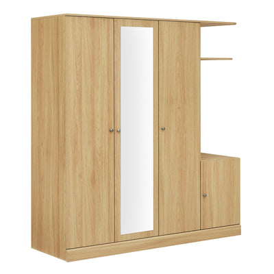 4-Door Wardrobe with Shelves, Drawers, and Full-Length Mirror, Natural