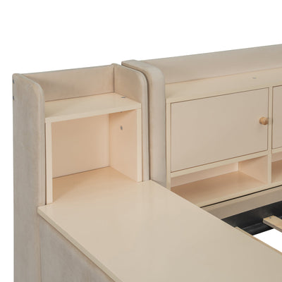 Twin Size Upholstered Daybed with Drawers, Shelves, Flip Cabinets & Side Table (Beige)
