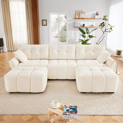 Elegant Textured Chenille 3 Seater Sofa Set with Ottoman and Throw Pillows in Sturdy Solid Wood Frame, White