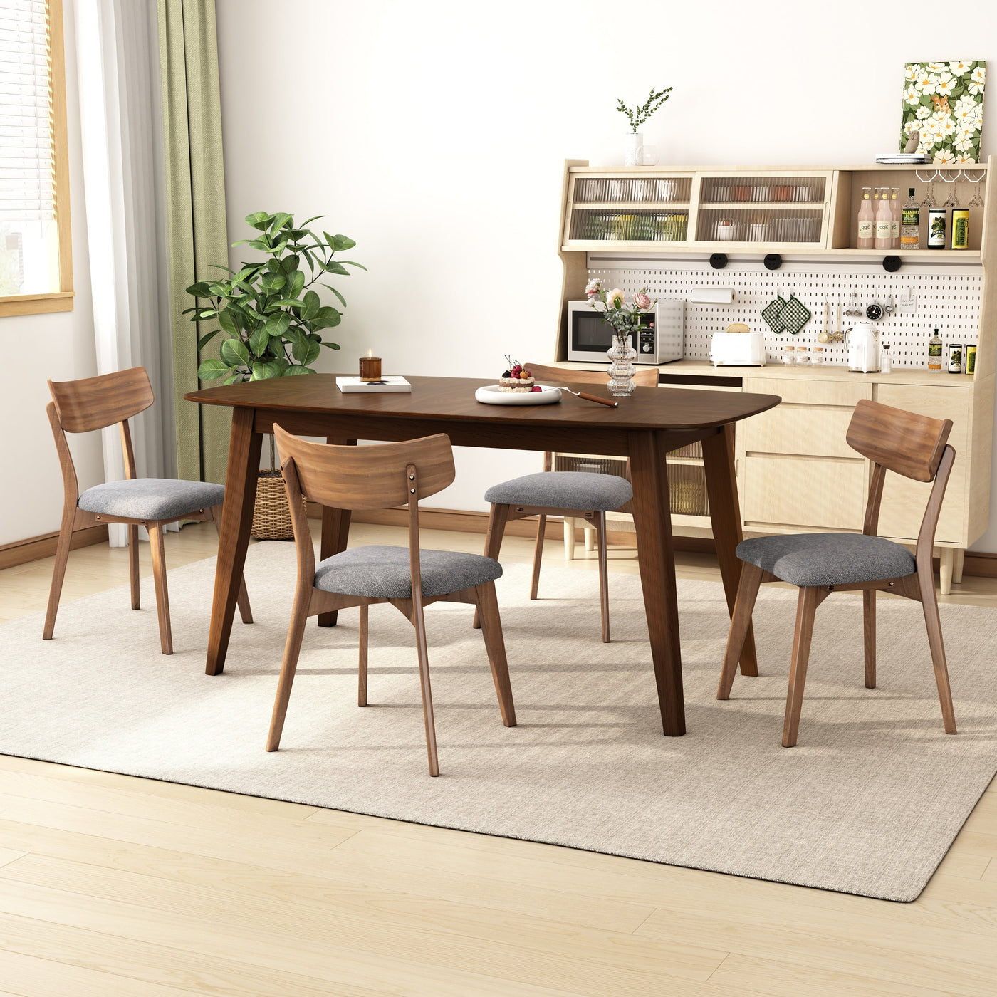 5-Piece Mid-Century Dining Set with Walnut Finished Frame, Upholstered Dining Chairs ,Dark Grey & Wood Dining Table
