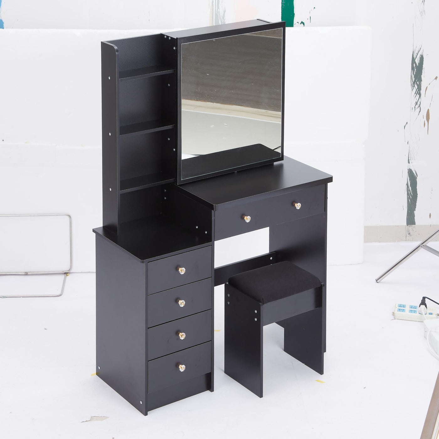 37' Middle Size Left Bedside Cabinet Vanity Table + Cushioned Stool, Extra Large Right sliding mirror, Multi Layer High Capacity Storage, Practical Fashionable Dresser, Suitable For Middle Space