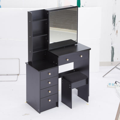 37' Middle Size Left Bedside Cabinet Vanity Table + Cushioned Stool, Extra Large Right sliding mirror, Multi Layer High Capacity Storage, Practical Fashionable Dresser, Suitable For Middle Space