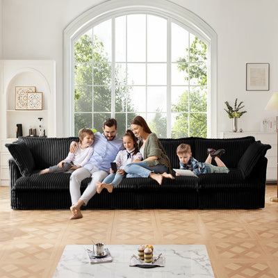 Slipcovered L Shape Sectional Long Sofa Couch, 4 Seater Sofa with Suppleness Armrests,Deep Seat Sofa with 2 Big Pillows, Comfy Couch for Living Room, Apartment, Black Corduroy Fabric
