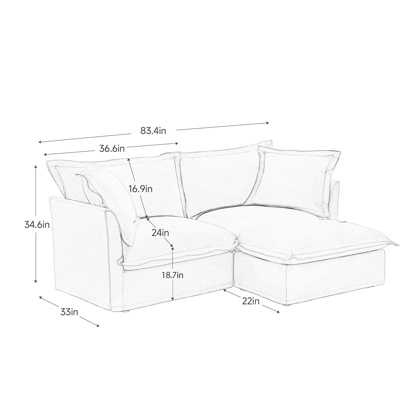 Slipcovered Sectional 2 Seater Sofa Couch with Convertible Ottoman, Wide and Deep Seat L Shaped Sofa with Detachable Cover and Soft Multiple Big Pillows, Chenille Fabric,Black