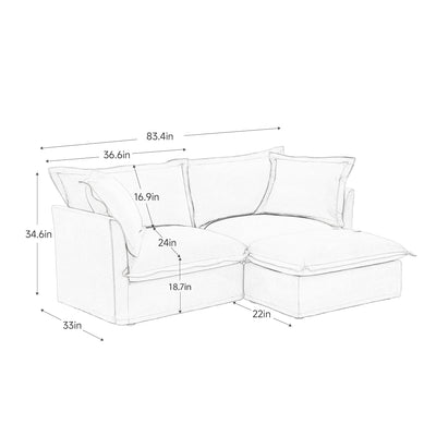 Slipcovered Sectional 2 Seater Sofa Couch with Convertible Ottoman, Wide and Deep Seat L Shaped Sofa with Detachable Cover and Soft Multiple Big Pillows, Chenille Fabric,Black
