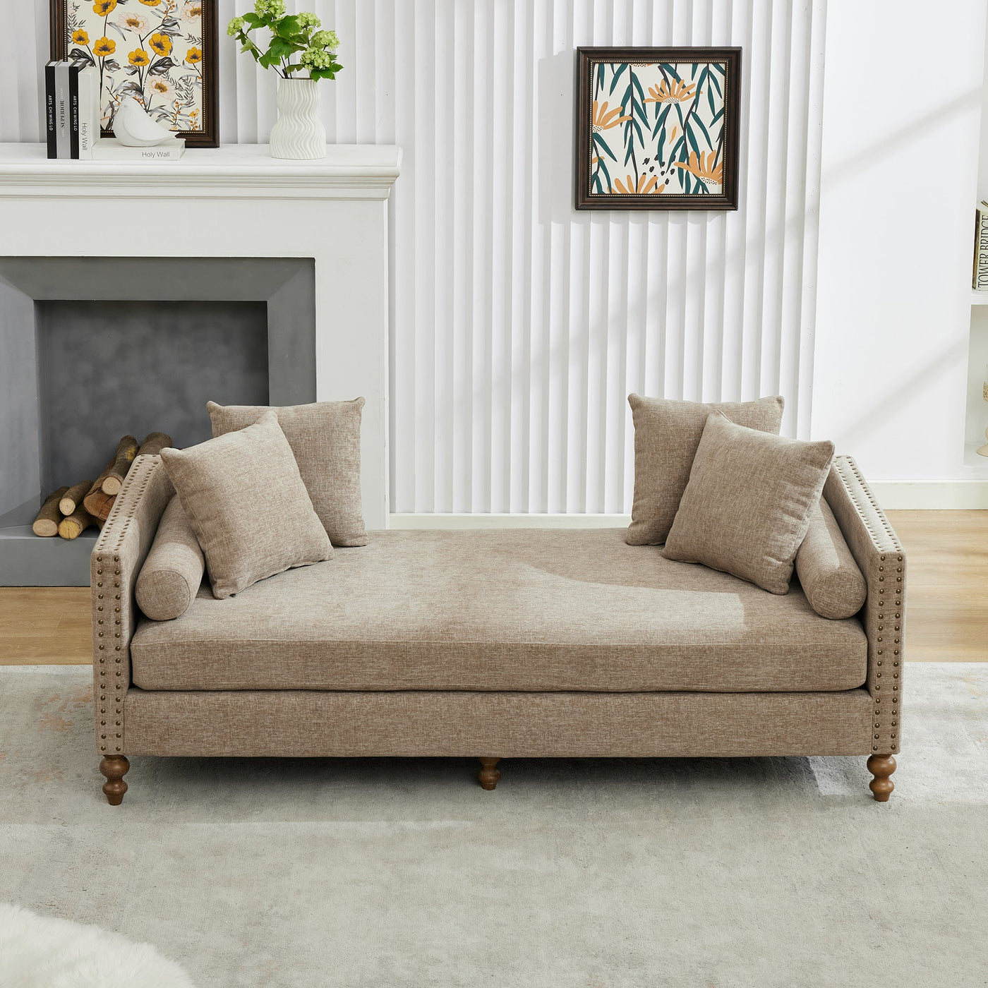 Upholstered Chaise Lounge Indoor with Nailheads, Sleeper Sofa Couch with 4 Throw Pillows & 2 Bolsters, Daybed with Rubberwood Legs, Taupe Chenille,75.2'' Wide
