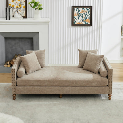 Upholstered Chaise Lounge Indoor with Nailheads, Sleeper Sofa Couch with 4 Throw Pillows & 2 Bolsters, Daybed with Rubberwood Legs, Taupe Chenille,75.2'' Wide
