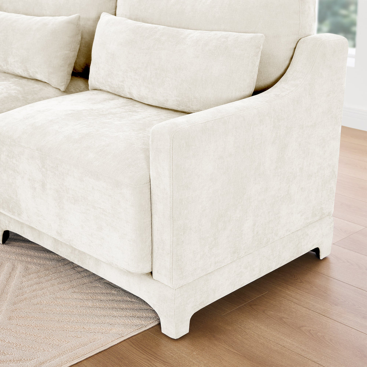 Elegant Chenille Three-Seater Sofa with Movable Ottomans, High-Resilience Sponge, Beige
