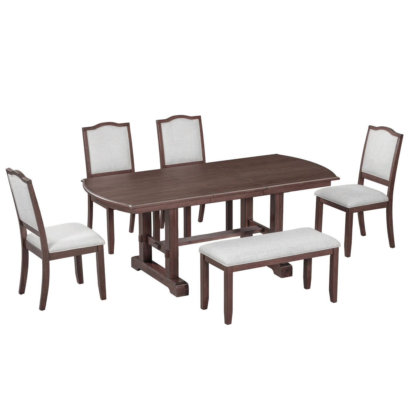 6-Piece Extendable Dining Table Set, 60–78 in. Wood Table with Removable Leaf, 4 Upholstered Chairs and Bench, Cherry Finish