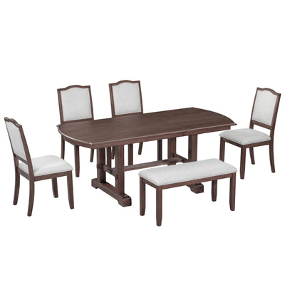 6-Piece Extendable Dining Table Set, 60–78 in. Wood Table with Removable Leaf, 4 Upholstered Chairs and Bench, Cherry Finish