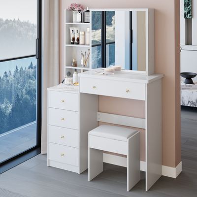 37' Middle Size Left Bedside Cabinet Vanity Table + Cushioned Stool, Extra Large Right sliding mirror, Multi Layer High Capacity Storage, Practical Fashionable Dresser, Suitable For Large Space