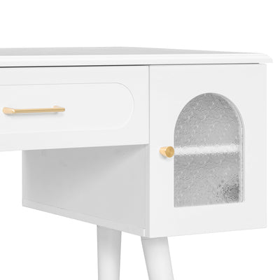 Elegant Vanity Makeup Table & Chair Set, Modern Dressing Table with Organizer, Writing Desk, Charging Port, White, Engineered Wood