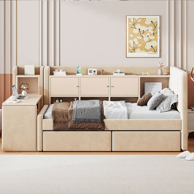 Twin Size Upholstered Daybed with Drawers, Shelves, Flip Cabinets & Side Table (Beige)