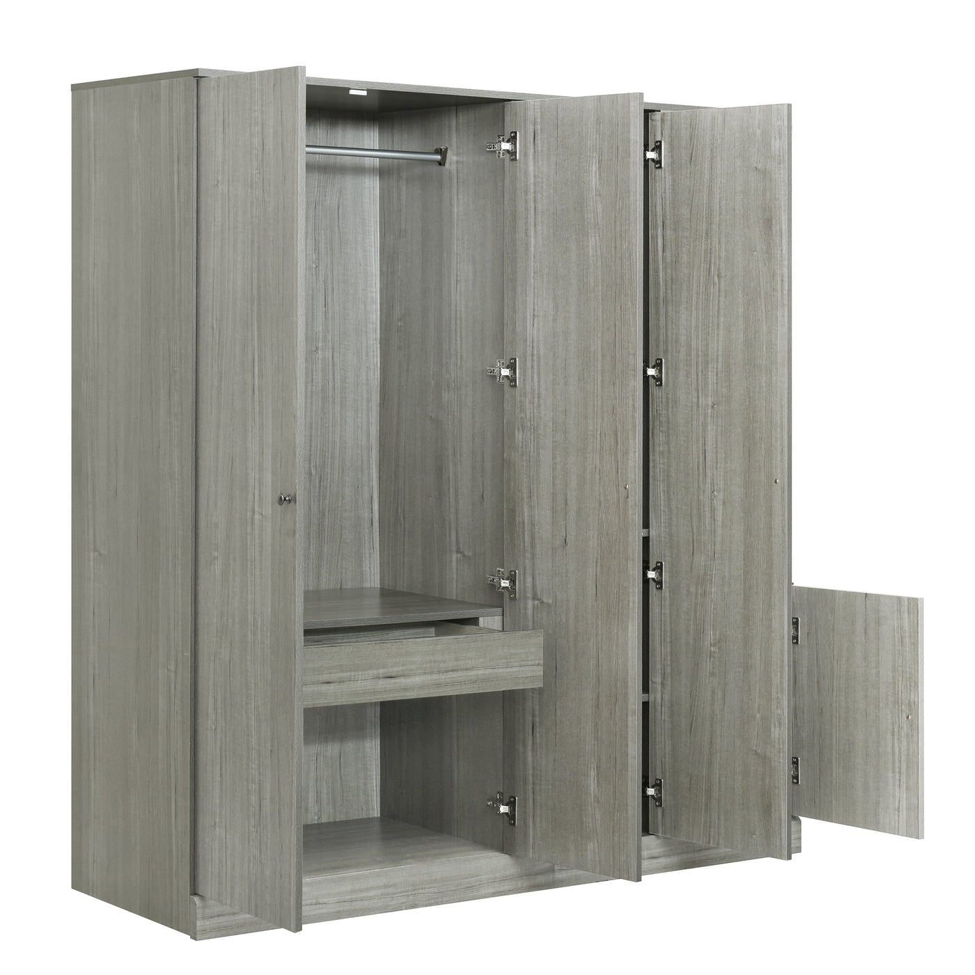 4-Door Wardrobe with Shelves, Drawers, and Full-Length Mirror, Gray