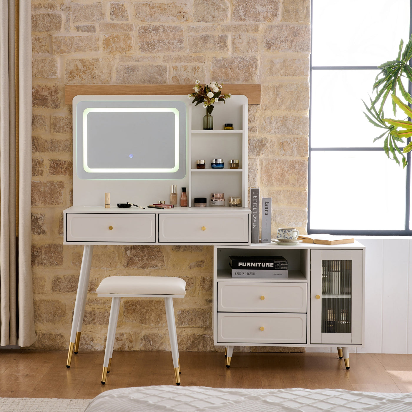 Modern Makeup Vanity Desk with Mirror and Lights, Retractable Dressing Table with Drawers and Cabinet, Compact Makeup Table Set with Power Outlet for Bedroom, White