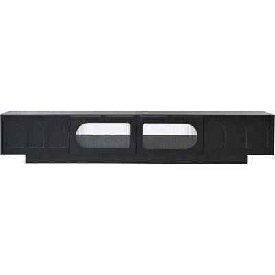 TV Stand with Fluted tempered Glass Doors for TVs Up to 95", Functional Media Console with Arched Cabinet Doors, Entertainment Center with APP-Controlled LED Light for Living Room, Black