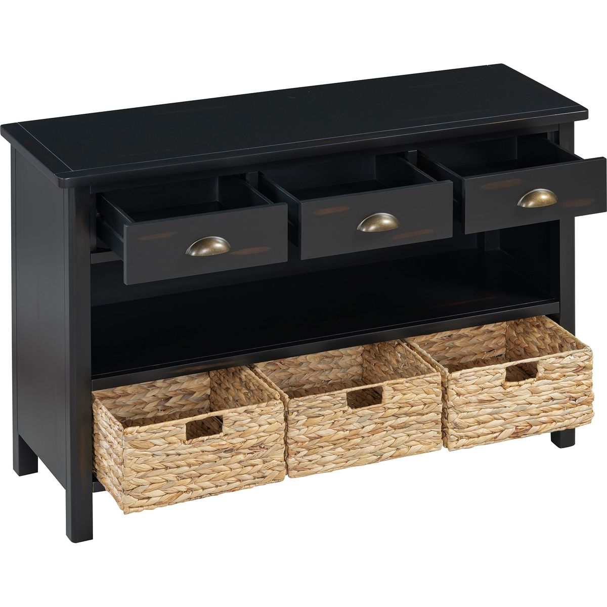 TREXM Retro Console Table with 3 Storage Drawers, Entryway Table with 3 Water Hyacinth Woven Baskets,Wooden Accent Sofa Table Buffet Cabinet for Entryway, Hallway and Living Room (Espresso)