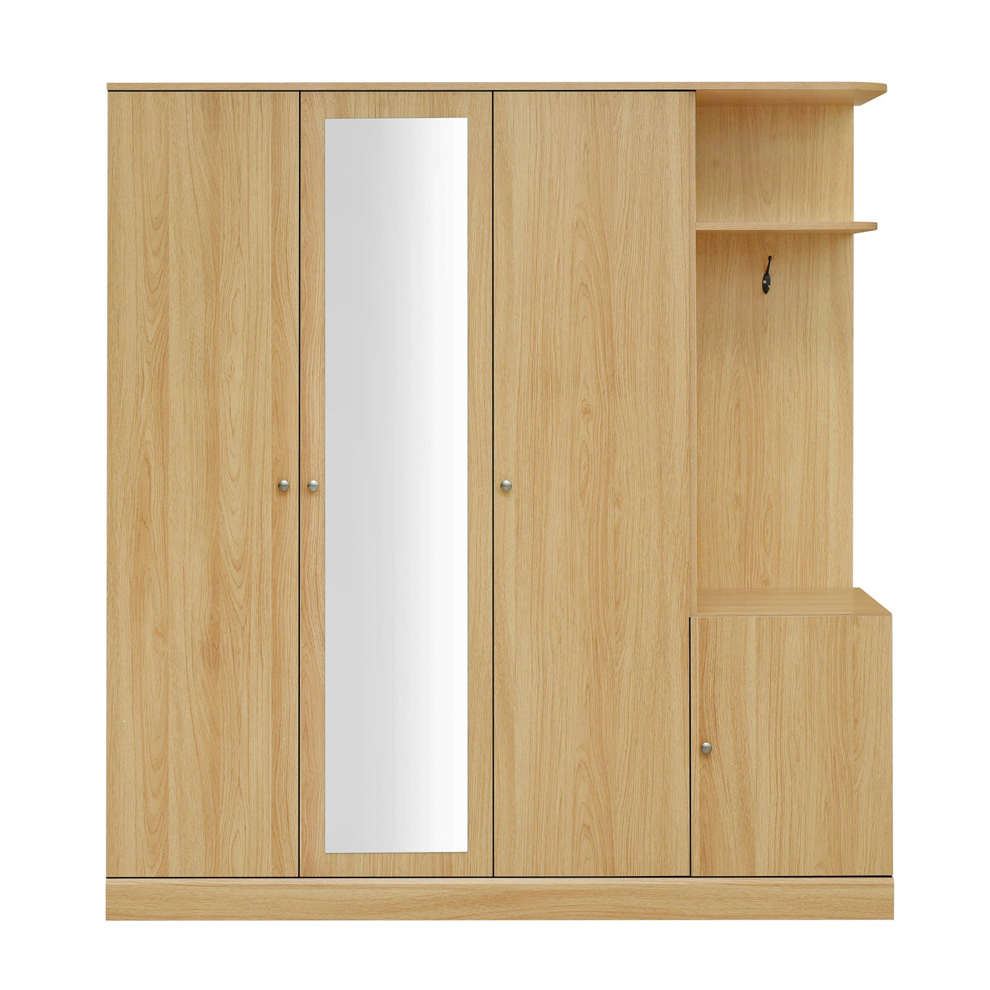 4-Door Wardrobe with Shelves, Drawers, and Full-Length Mirror, Natural