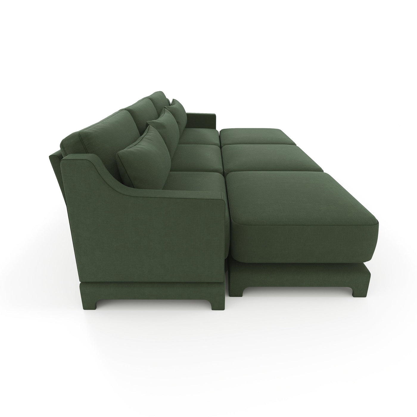 Ergonomic Three-Seater Sofa with Movable Ottomans and Lumbar Pillow in Green Chenille with Wooden Base