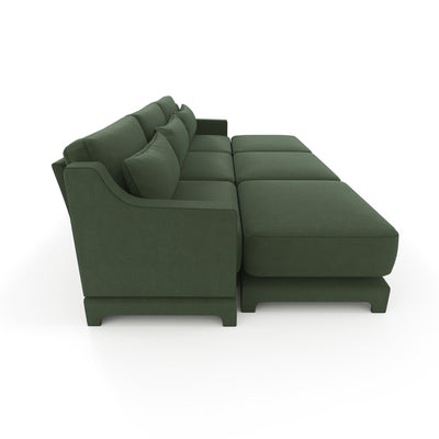 Ergonomic Three-Seater Sofa with Movable Ottomans and Lumbar Pillow in Green Chenille with Wooden Base