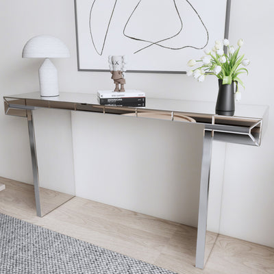 60 Inches Luxury Full-Length Mirror Console Table with Fluted Tempered Glass, Entryway Mirrored Sofa Table, Light Luxury Style, Scratch-Resistant, Reinforced Packaging