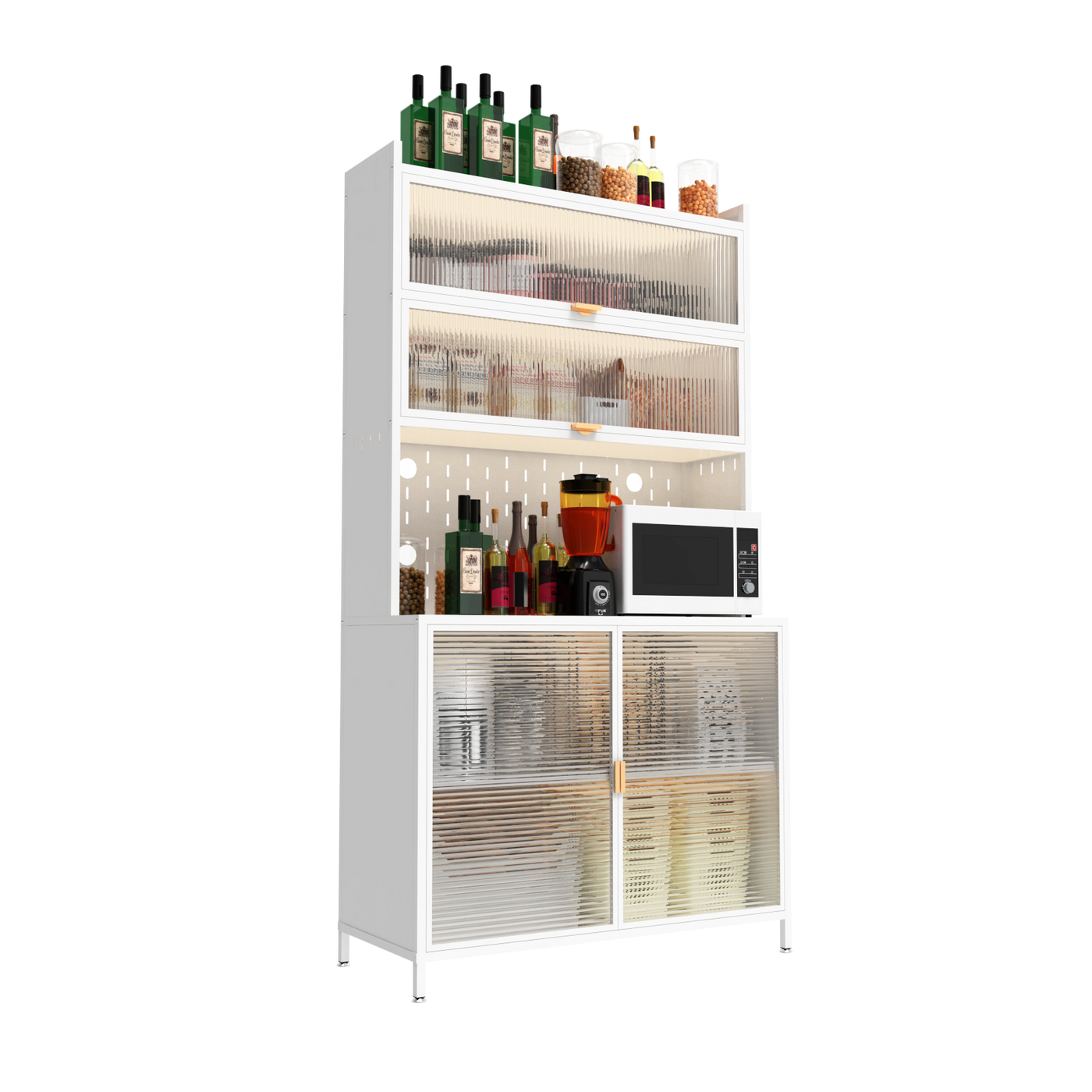 73'' Tall Kitchen Pantry Cabinet , 6 Level Flip Door with Pegboard Metal Pantry Storage Cabinet, Anti-Tip Design Hutch for Kitchen, Dining Room, Living Room (White)