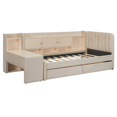 Twin Size Upholstered Daybed with Drawers, Shelves, Flip Cabinets & Side Table (Beige)