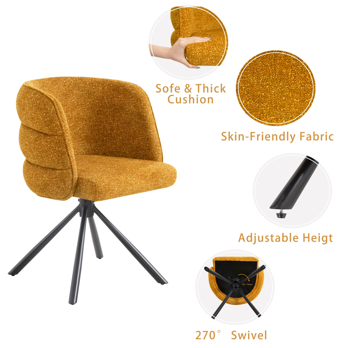 270° Swivel Home Office Desk Chairs Set of 2,Modern Dining Chairs, Upholstered Bedroom Chairs with Metal Base,Makeup Chair for Vanity, for Living Room, Bedroom,Study Room,Dining Room(Orange)